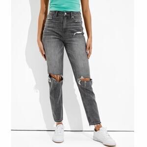 American Eagle Mom Jeans Womens 6 Short Black Gray Distressed Ripped High Rise